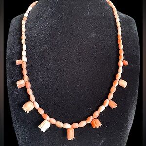 Art Deco Gold Filled Filigree Clasp Angel Skin Coral Roses Bead Necklace